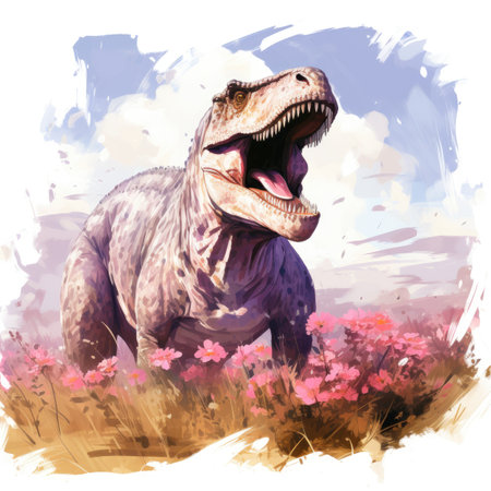 a dinosaur in a meadow with pink flowers.の素材
