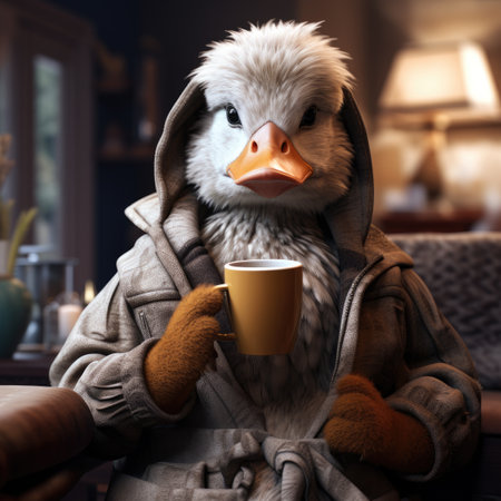 Cute duck with a cup of coffee in his hand at homeの素材