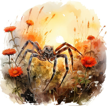 Watercolor spider in the meadow on a background of flowersの素材