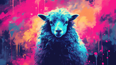 a sheep on the background of colorful splashes.の素材