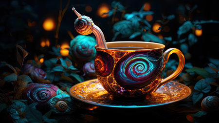 Cup of tea with a saucer and a snail on a dark backgroundの素材