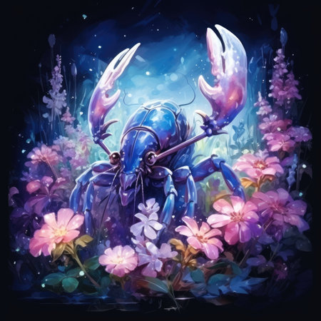 Blue crayfish on the background of flowers.の素材