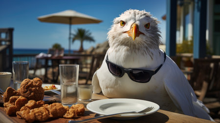 A closeup shot of a white seagull sitting at a table in a restaurantの素材