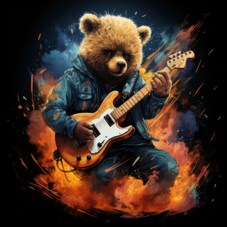 Guitarist in blue jacket with electric guitar on fire background.の素材