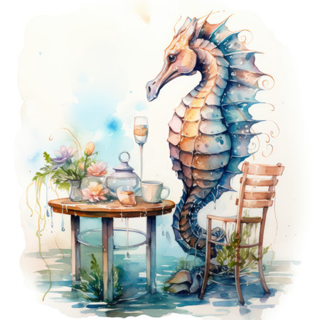Watercolor seahorse sitting at the table.の素材