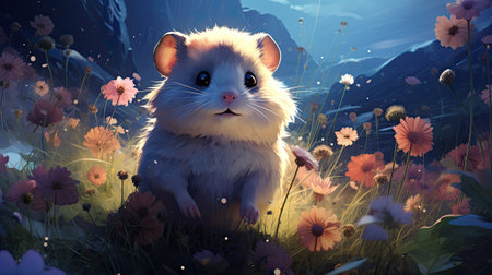 Hamster in the meadow with flowers.の素材