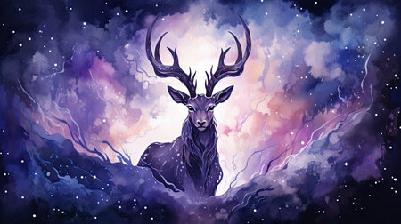 Watercolor wild deer in the night sky. Fantasy animal.の素材