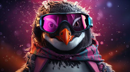 Portrait of a cute penguin wearing a ski suit and goggles.の素材
