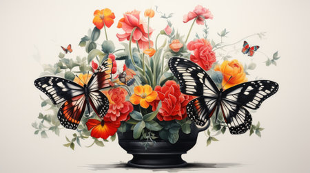 Bouquet of colorful spring flowers with butterfly in vase.の素材