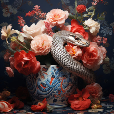 Snake in a ceramic vase with flowers on a dark blue backgroundの素材