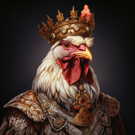 Portrait of a rooster with a crown on his head.の素材