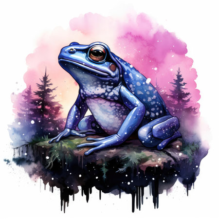 Watercolor blue frog sitting on a rock in the forestの素材