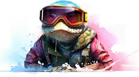 Funny cartoon crocodile with ski goggles.の素材