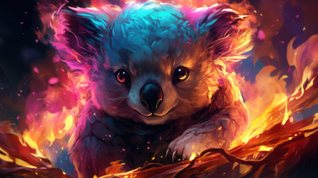 A cute koala in the flames of fire.の素材