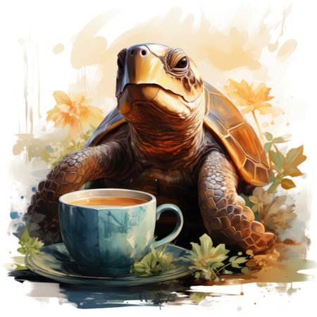 Watercolor Cup of tea with a turtle.の素材