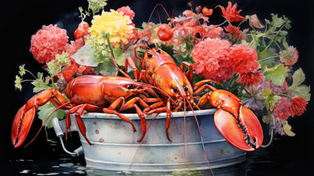 Boiled crayfishes in a bucket on a black backgroundの素材