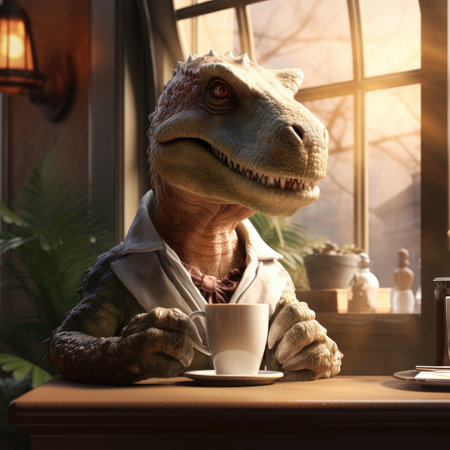 Cute dinosaur with a cup of coffee in a cafe.の素材