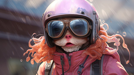 Portrait of an old woman with red hair and a motorcycle helmet.の素材