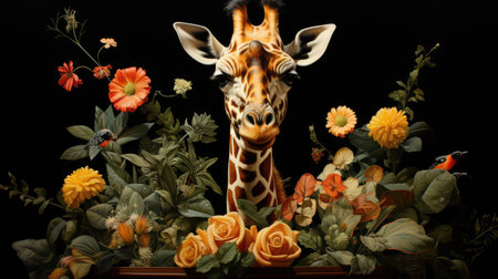 Giraffe and flowers on a black background.の素材
