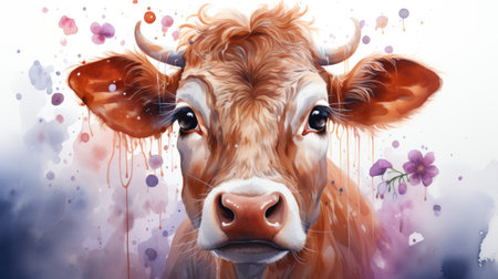 Close-up portrait of a red cow with flowers.の素材