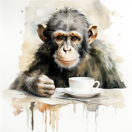 Watercolor chimpanzee with cup of coffeeの素材