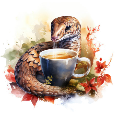 Watercolor Cup of coffee with oriental snake.の素材