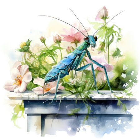 Watercolor Praying mantis on the background of flowers.の素材