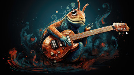 a blue frog playing an electric guitar on a grunge backgroundの素材