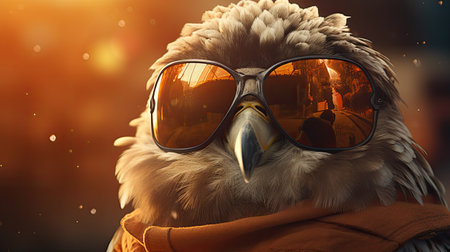 Portrait of a bald eagle wearing sunglasses.の素材