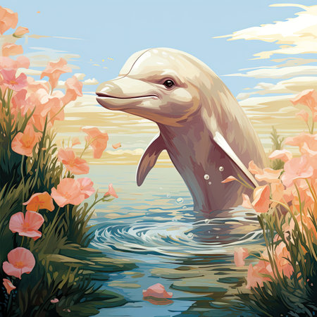 Dolphin swimming in the lake with flowers.の素材