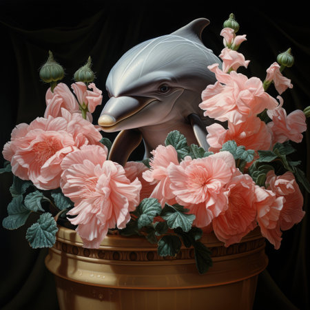 Dolphin and flowers in a pot on a black background.の素材