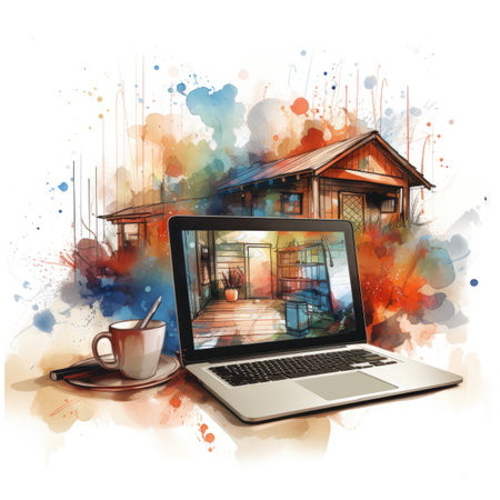 Laptop with coffee cup and house on abstract watercolor background.の素材