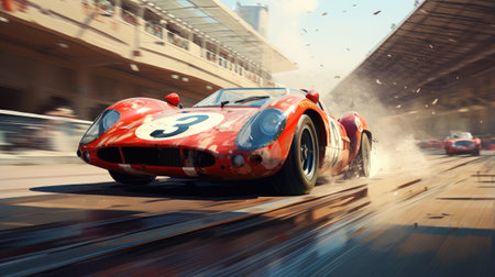 Red vintage race car with motion blur effect.の素材