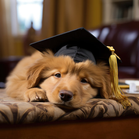 Golden Retriever dog with graduation cap and diploma lying on sofaの素材