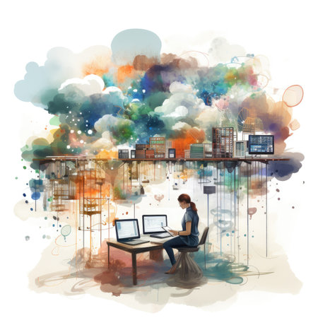 a young woman working on her laptop in the officeの素材