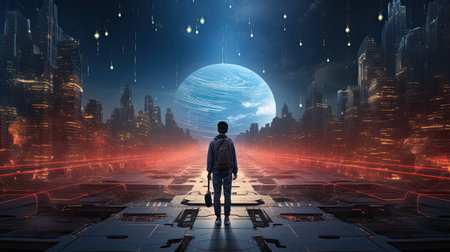 Rear view of man looking at futuristic city with planet hologramの素材