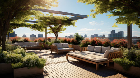 Outdoor terrace with wooden furniture and view of the city.の素材
