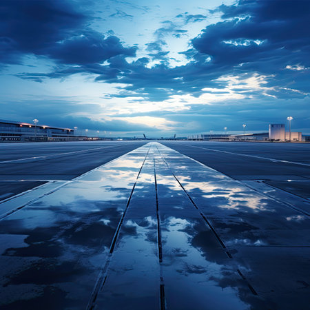 Airport runway with reflection of the sky and cloudsの素材
