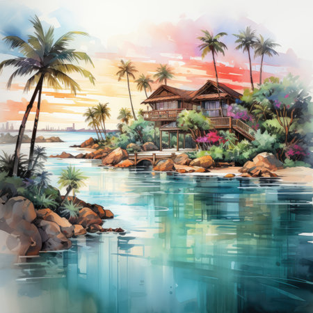 Watercolor Beautiful tropical island with palm trees.の素材