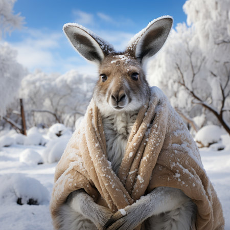 Kangaroo with scarf in winter forest at sunny day. Animal portraitの素材