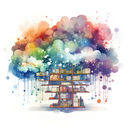 Bookshelf with books and abstract colorful background.の素材