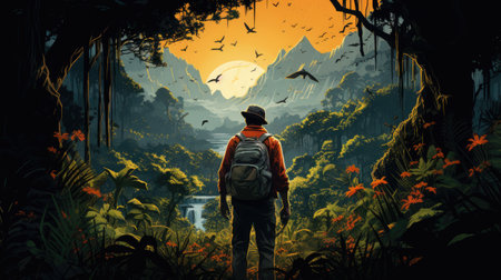 Hiking man with backpack in the jungle at sunset.の素材