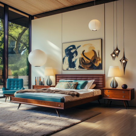 Interior of modern bedroom with wooden bed, lamp and sofa.の素材