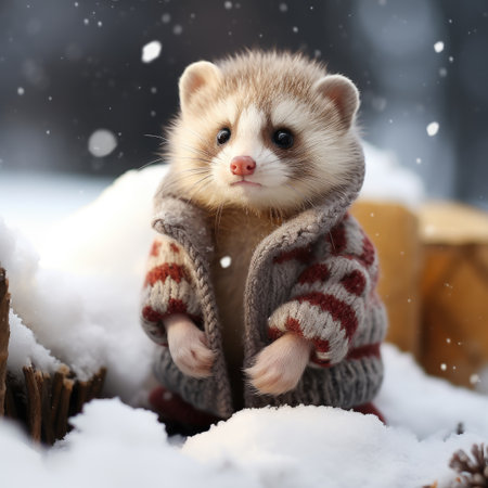 Cute ferret in winter clothes on snow background. Winter animalの素材