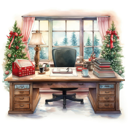 Watercolor Wooden office desk with christmas tree and presents.の素材
