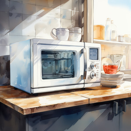 an open microwave oven in the kitchen.の素材
