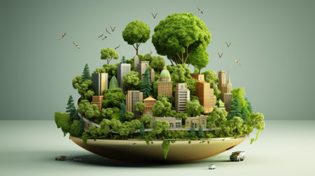 City in the form of a planet with trees and houses.の素材