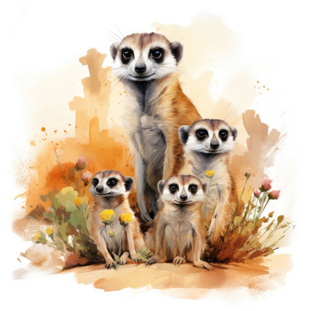 Watercolor Group of meerkats with flowers on a white background.の素材