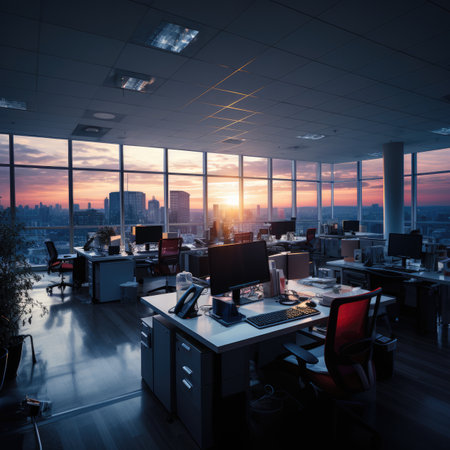 Interior of an office with a large window overlooking the city.の素材