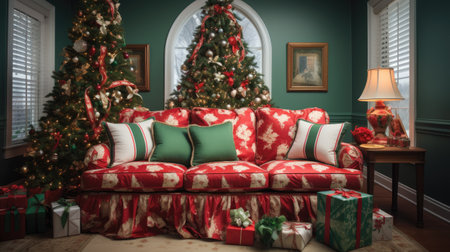 Beautiful living room with Christmas tree, sofa and armchair.の素材